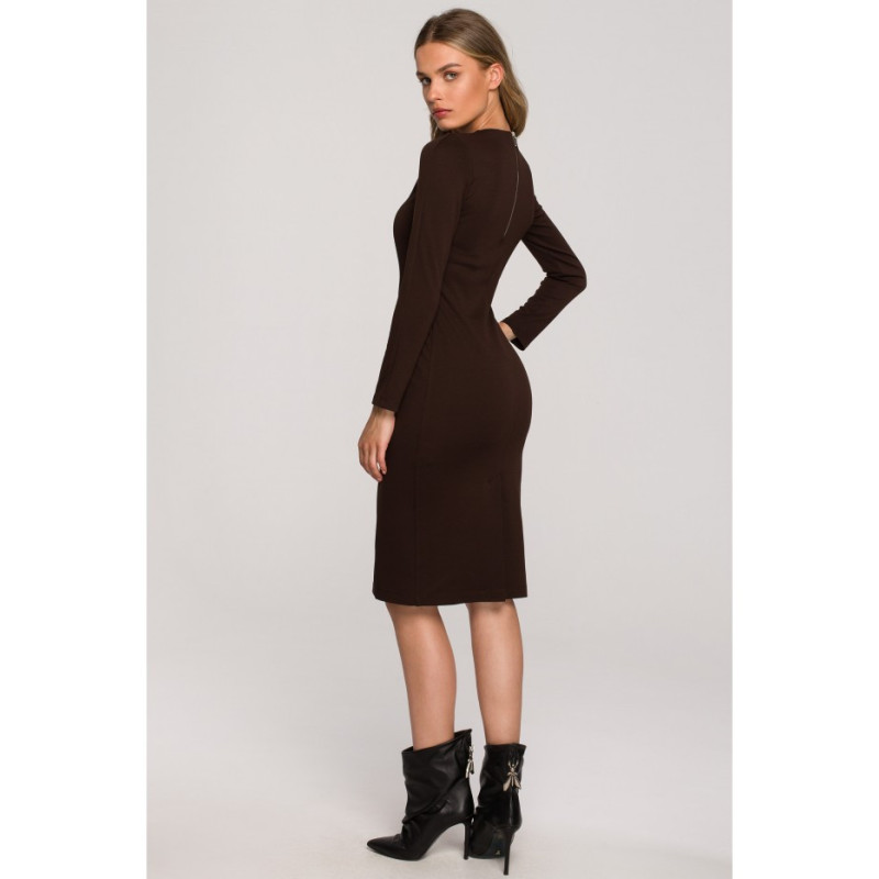 S314 Pencil dress with leather piping - brown