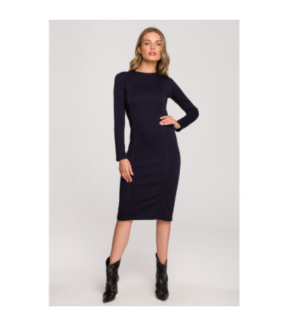 S314 Pencil dress with leather piping - navy blue