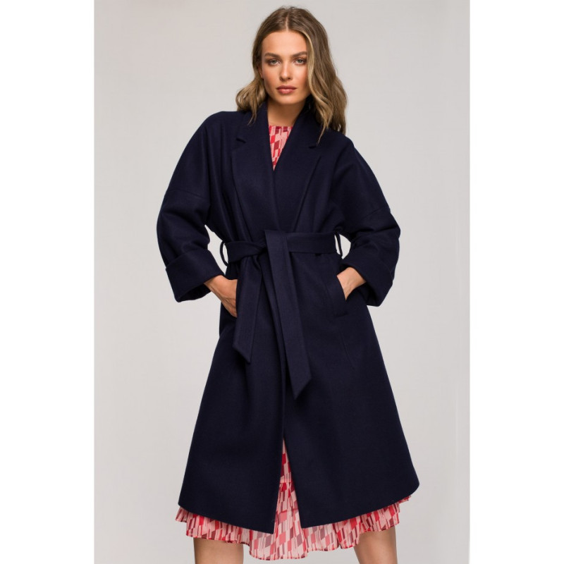 S329 Flare coat with belt - navy blue