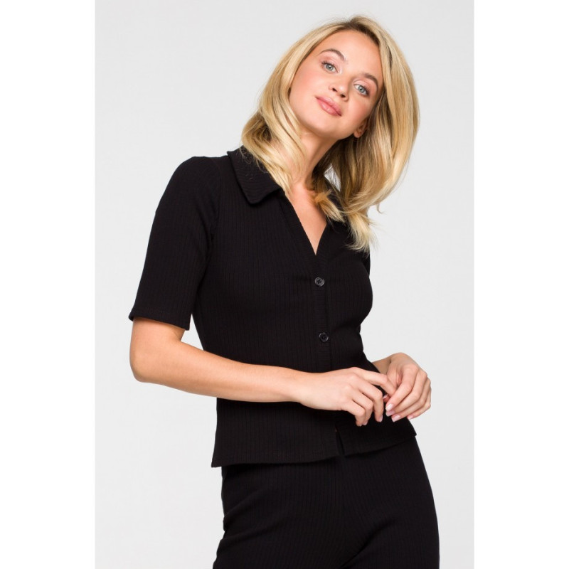 LA116 Ribbed blouse with collar - black