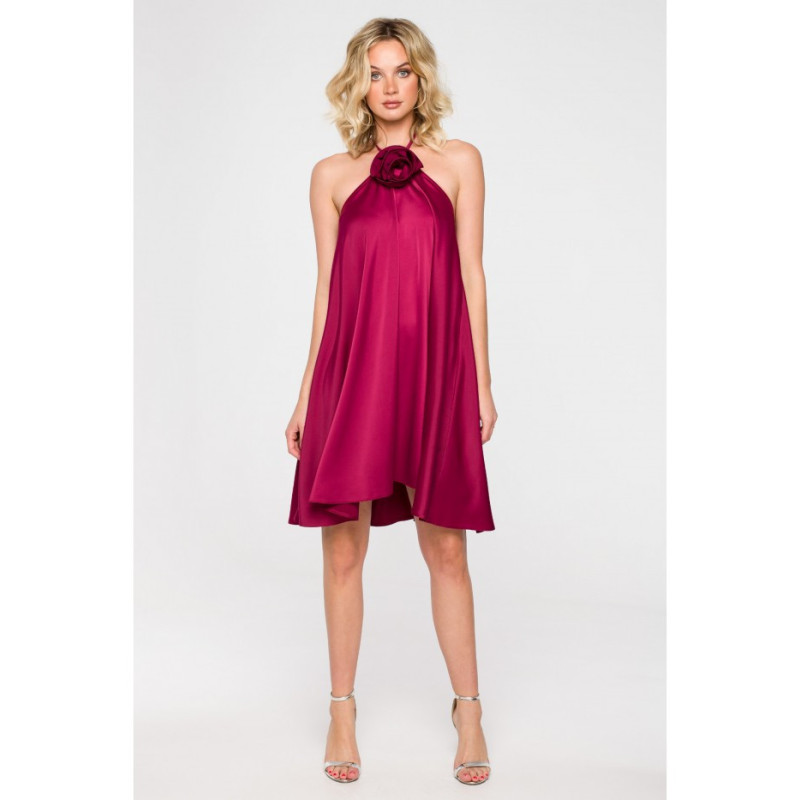 K154 Flared dress with flower - burgundy