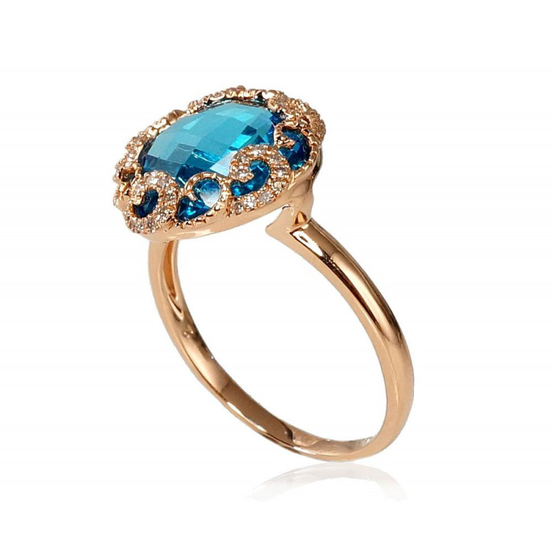 Gold ring 1100093(Au-R)_DI+TZB, Red Gold 585°, Diamonds , Blue Topaz