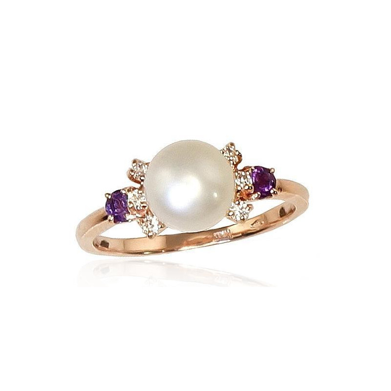 Gold ring 1100253(Au-R)_CZ+AM+PE, Red Gold 585°, Zirkons , Amethyst , Fresh-water Pearl