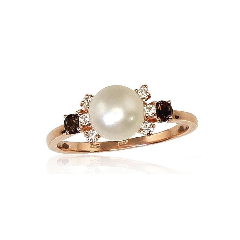 Gold ring 1100253(Au-R)_CZ+KZSM+PE, Red Gold 585°, Zirkons , Smoky Quarz , Fresh-water Pearl