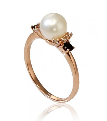 Gold ring 1100253(Au-R)_CZ+KZSM+PE, Red Gold 585°, Zirkons , Smoky Quarz , Fresh-water Pearl