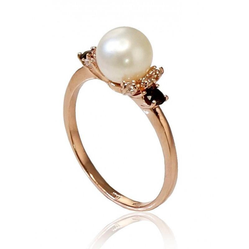 Gold ring 1100253(Au-R)_CZ+KZSM+PE, Red Gold 585°, Zirkons , Smoky Quarz , Fresh-water Pearl