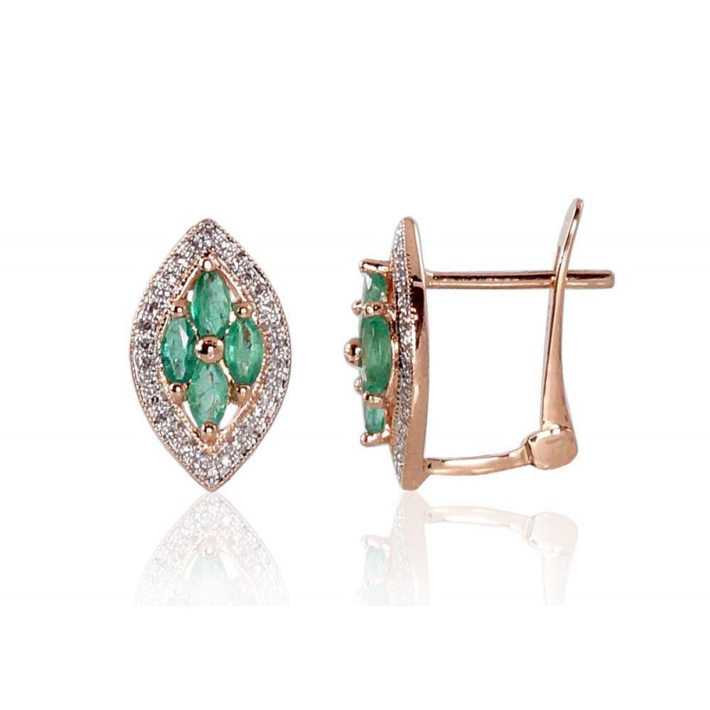 Gold earrings with 'english' lock 1200250(Au-R+PRh-W)_DI+EM, Red Gold 585°, Rhodium (Plating) , Diamonds , Emerald