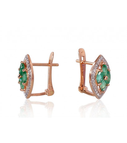 Gold earrings with 'english' lock 1200250(Au-R+PRh-W)_DI+EM, Red Gold 585°, Rhodium (Plating) , Diamonds , Emerald