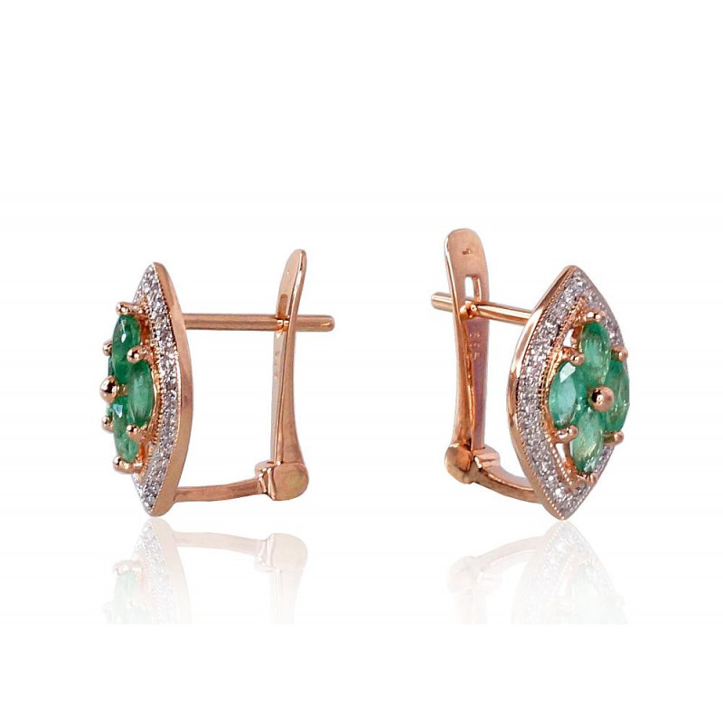 Gold earrings with 'english' lock 1200250(Au-R+PRh-W)_DI+EM, Red Gold 585°, Rhodium (Plating) , Diamonds , Emerald