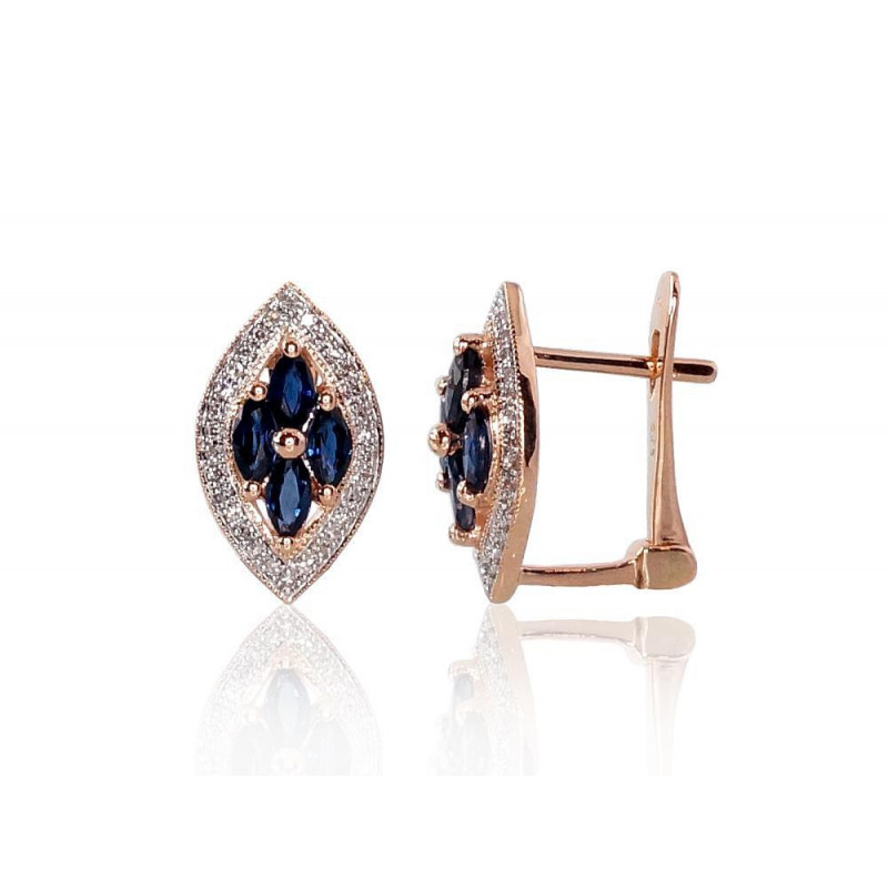 Gold earrings with 'english' lock 1200250(Au-R+PRh-W)_DI+SA, Red Gold 585°, Rhodium (Plating) , Diamonds , Sapphire