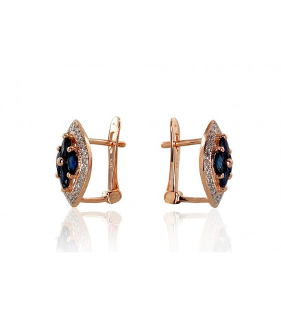 Gold earrings with 'english' lock 1200250(Au-R+PRh-W)_DI+SA, Red Gold 585°, Rhodium (Plating) , Diamonds , Sapphire