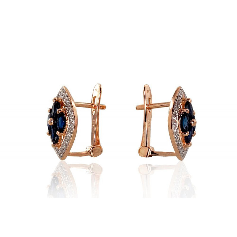 Gold earrings with 'english' lock 1200250(Au-R+PRh-W)_DI+SA, Red Gold 585°, Rhodium (Plating) , Diamonds , Sapphire