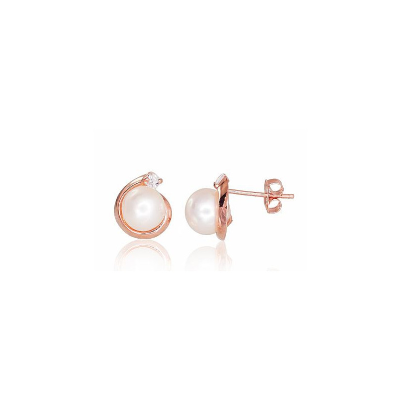 Gold classic studs earrings 1200254(Au-R)_CZ+PE, Red Gold 585°, Zirkons , Fresh-water Pearl