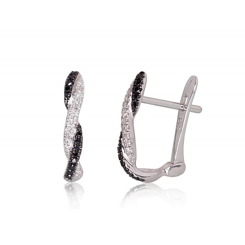 Gold earrings with 'english' lock 1200273(Au-W+PRh-Bk)_DI+DIBk, White Gold 585°, Rhodium (Plating) , Diamonds , Diamonds