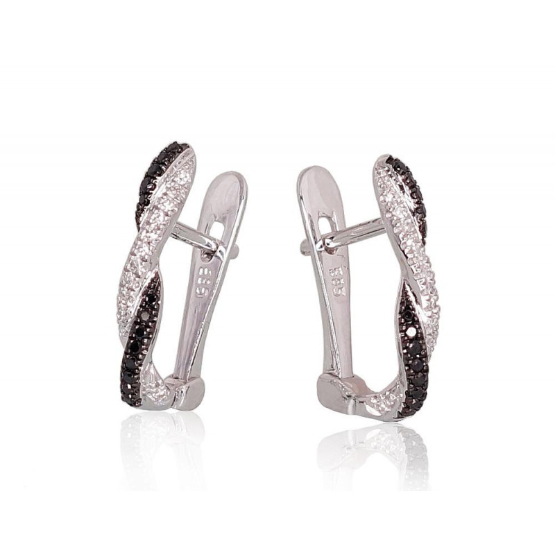 Gold earrings with 'english' lock 1200273(Au-W+PRh-Bk)_DI+DIBk, White Gold 585°, Rhodium (Plating) , Diamonds , Diamonds