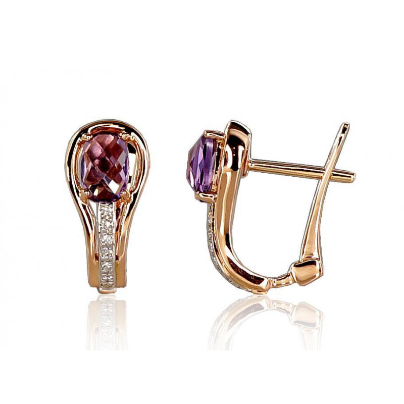 Gold earrings with 'english' lock 1200276(Au-R+PRh-W)_DI+AM, Red Gold 585°, Rhodium (Plating) , Diamonds , Amethyst