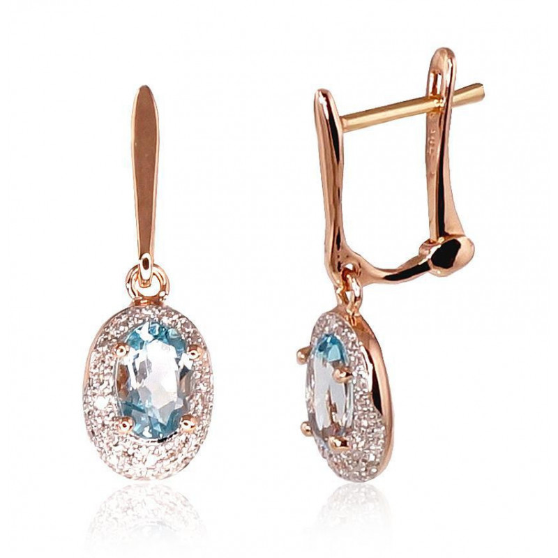 Gold earrings with 'english' lock 1200392(Au-R+PRh-W)_DI+TZLB, Red Gold 585°, Rhodium (Plating) , Diamonds , Sky Blue