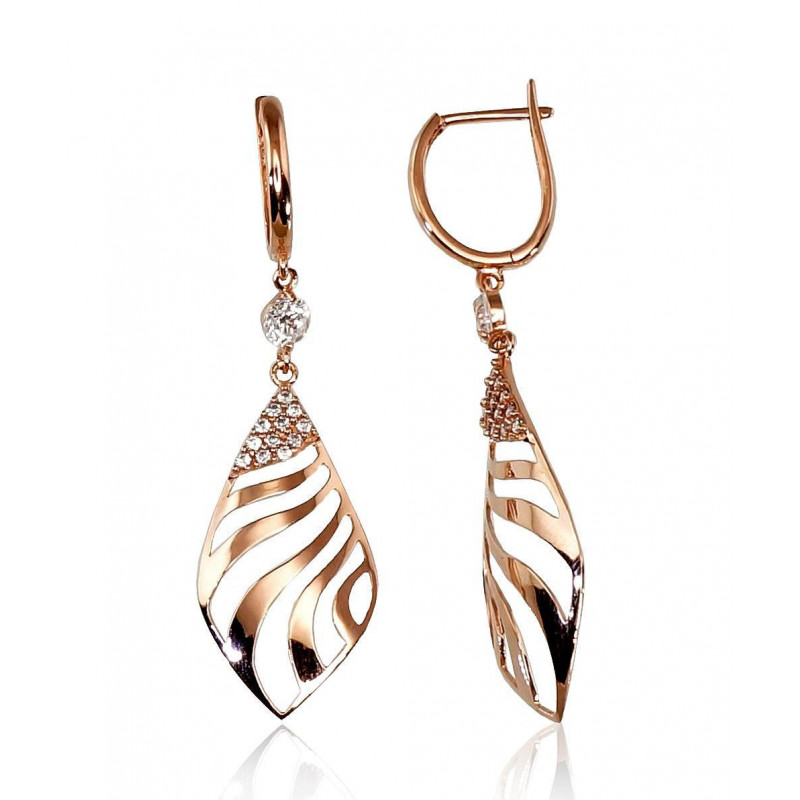 Gold earrings with 'english' lock 1200429(Au-R)_CZ, Red Gold 585°, Zirkons