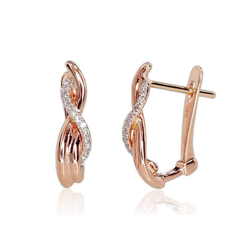 Gold earrings with 'english' lock 1200711(Au-R+PRh-W)_DI, Red Gold 585°, Rhodium (Plating) , Diamonds