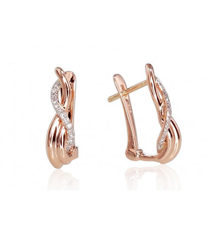 Gold earrings with 'english' lock 1200711(Au-R+PRh-W)_DI, Red Gold 585°, Rhodium (Plating) , Diamonds