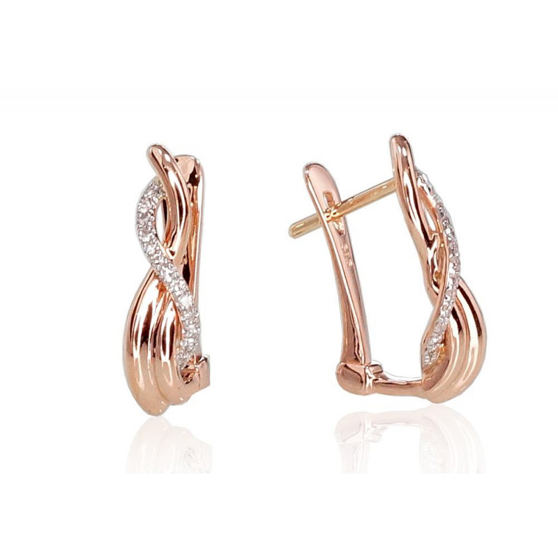 Gold earrings with 'english' lock 1200711(Au-R+PRh-W)_DI, Red Gold 585°, Rhodium (Plating) , Diamonds