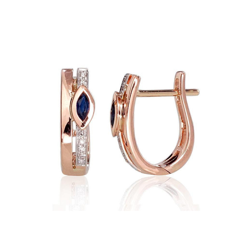 Gold earrings with 'english' lock 1200713(Au-R+PRh-W)_DI+SA, Red Gold 585°, Rhodium (Plating) , Diamonds , Sapphire