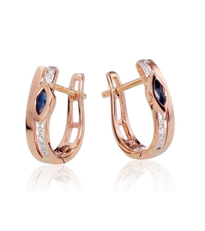 Gold earrings with 'english' lock 1200713(Au-R+PRh-W)_DI+SA, Red Gold 585°, Rhodium (Plating) , Diamonds , Sapphire