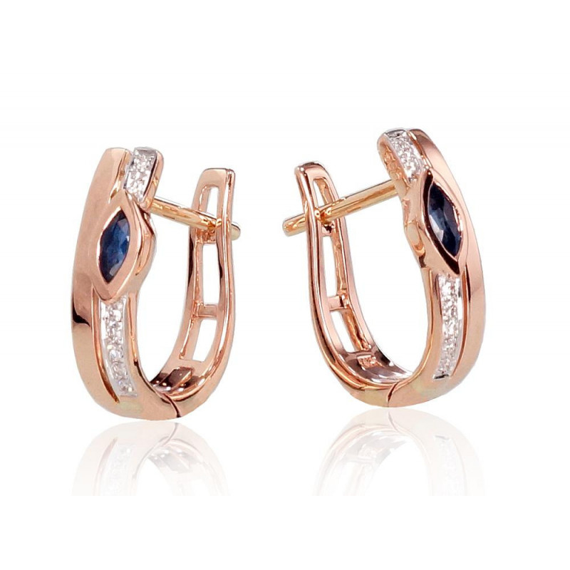 Gold earrings with 'english' lock 1200713(Au-R+PRh-W)_DI+SA, Red Gold 585°, Rhodium (Plating) , Diamonds , Sapphire