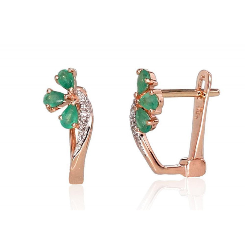 Gold earrings with 'english' lock 1200716(Au-R+PRh-W)_DI+EM, Red Gold 585°, Rhodium (Plating) , Diamonds , Emerald