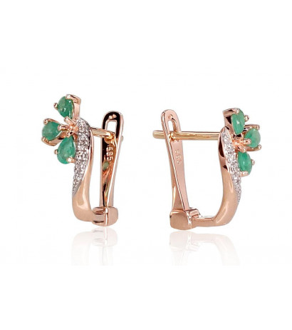 Gold earrings with 'english' lock 1200716(Au-R+PRh-W)_DI+EM, Red Gold 585°, Rhodium (Plating) , Diamonds , Emerald