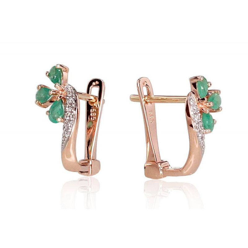 Gold earrings with 'english' lock 1200716(Au-R+PRh-W)_DI+EM, Red Gold 585°, Rhodium (Plating) , Diamonds , Emerald