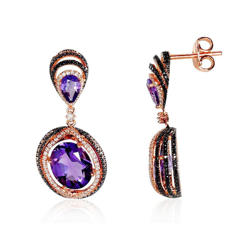 Gold classic studs earrings 1200803(Au-R+PRh-Bk)_DI+AM, Red Gold 585°, Rhodium (Plating) , Diamonds , Amethyst