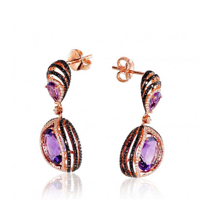 Gold classic studs earrings 1200803(Au-R+PRh-Bk)_DI+AM, Red Gold 585°, Rhodium (Plating) , Diamonds , Amethyst