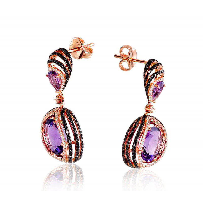 Gold classic studs earrings 1200803(Au-R+PRh-Bk)_DI+AM, Red Gold 585°, Rhodium (Plating) , Diamonds , Amethyst