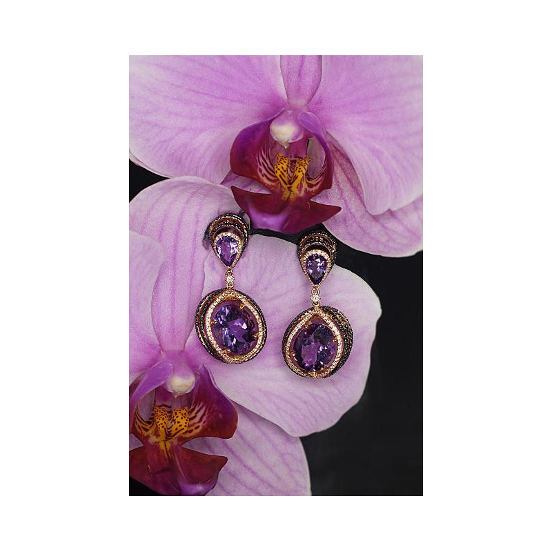 Gold classic studs earrings 1200803(Au-R+PRh-Bk)_DI+AM, Red Gold 585°, Rhodium (Plating) , Diamonds , Amethyst