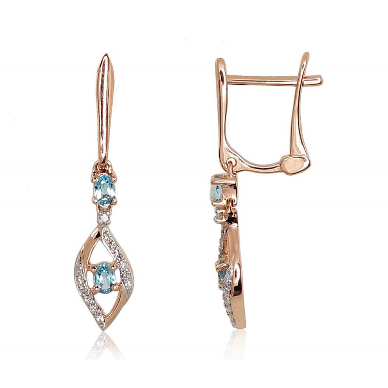 Gold earrings with 'english' lock 1200972(Au-R+PRh-W)_DI+TZB, Red Gold 585°, Rhodium (Plating) , Diamonds , Blue Topaz