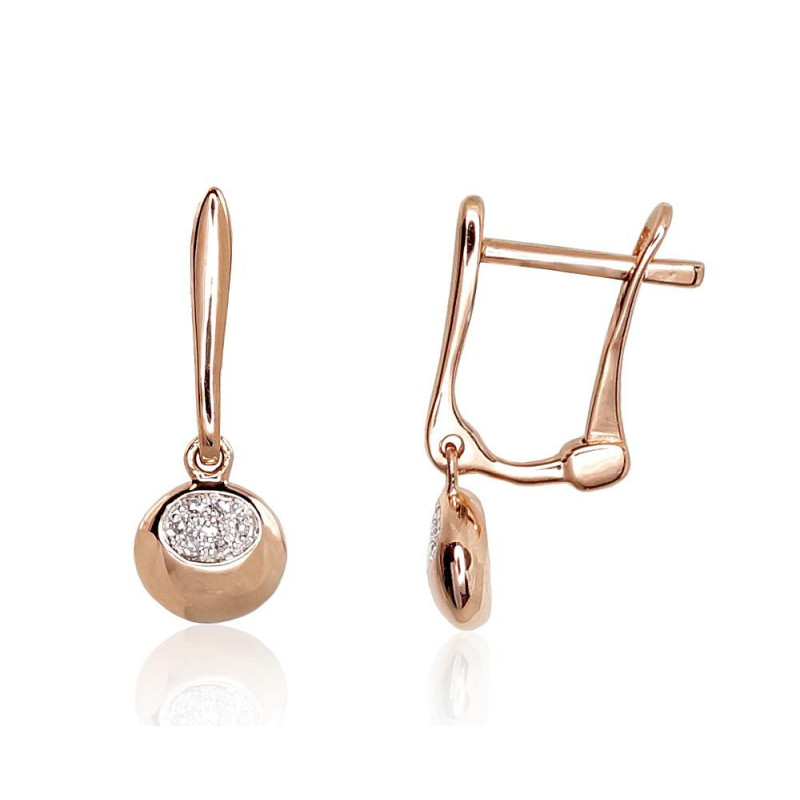 Gold earrings with 'english' lock 1200973(Au-R+PRh-W)_DI, Red Gold 585°, Rhodium (Plating) , Diamonds