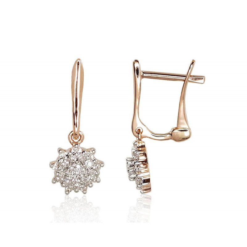 Gold earrings with 'english' lock 1200974(Au-R+PRh-W)_DI, Red Gold 585°, Rhodium (Plating) , Diamonds