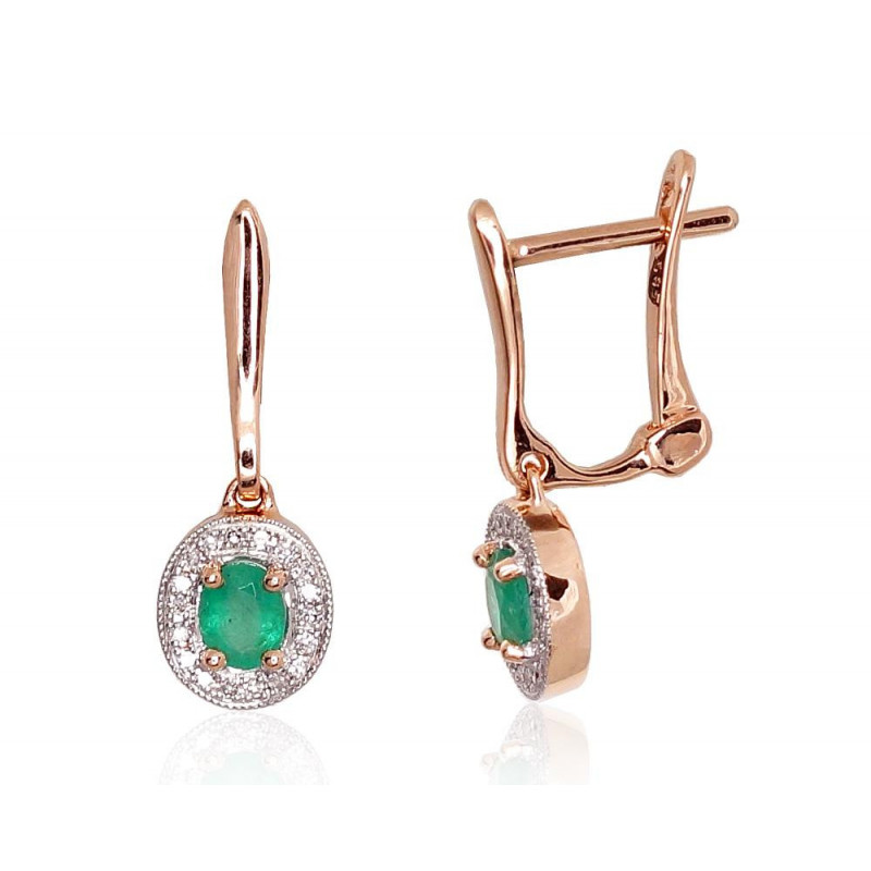 Gold earrings with 'english' lock 1200975(Au-R+PRh-W)_DI+EM, Red Gold 585°, Rhodium (Plating) , Diamonds , Emerald