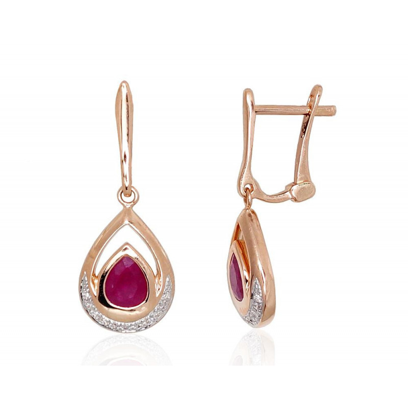 Gold earrings with 'english' lock 1200977(Au-R+PRh-W)_DI+RB, Red Gold 585°, Rhodium (Plating) , Diamonds , Ruby