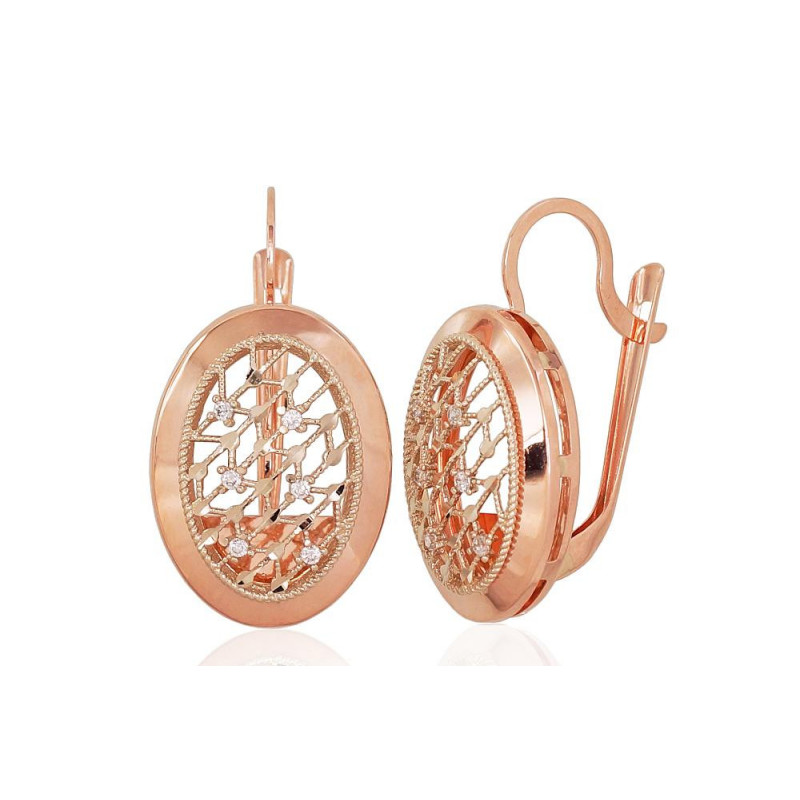 Gold earrings with 'english' lock 1201097(Au-R+Au-W)_CZ, White/Red Gold 585°, Zirkons