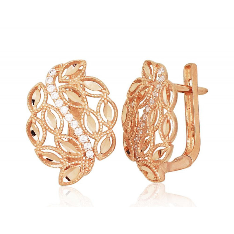 Gold earrings with 'english' lock 1201154(Au-R)_CZ, Red Gold 585°, Zirkons