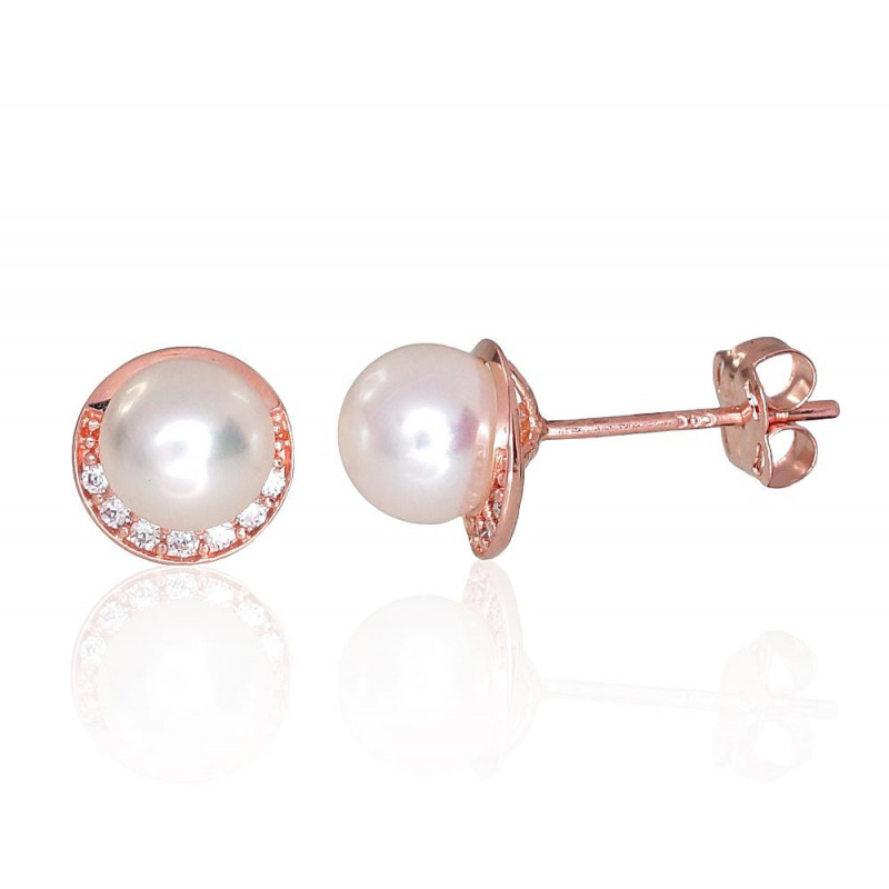 Gold classic studs earrings 1201216(Au-R)_CZ+PE, Red Gold 585°, Zirkons , Fresh-water Pearl