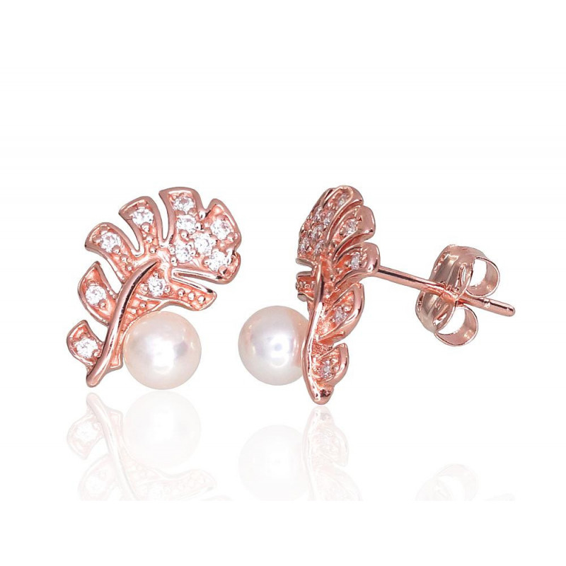 Gold classic studs earrings 1201220(Au-R)_CZ+PE, Red Gold 585°, Zirkons , Fresh-water Pearl