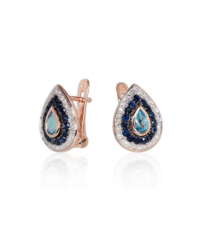 Gold Earrings 1200792(Au-R+PRh-W+PRh-Bk)_DI+SA+TZB, Red Gold	585°, Rhodium (Plating) , Diamonds , Sapphire , Blue Topaz