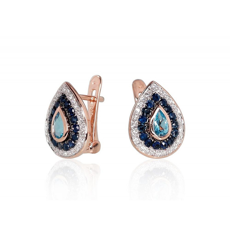 Gold Earrings 1200792(Au-R+PRh-W+PRh-Bk)_DI+SA+TZB, Red Gold	585°, Rhodium (Plating) , Diamonds , Sapphire , Blue Topaz