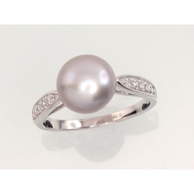 Silver ring 2101459(PRh-Gr)_CZ+PE-GR, Silver 925°, Rhodium (Plating), Zirkons , Fresh-water Pearl