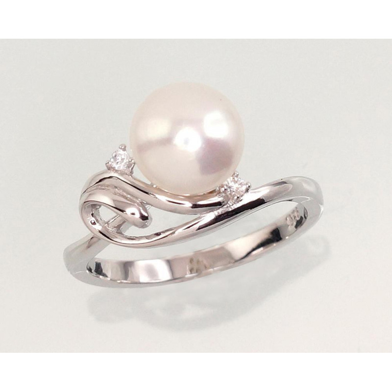 Silver ring 2101462(PRh-Gr)_CZ+PE, Silver 925°, Rhodium (Plating), Zirkons , Fresh-water Pearl