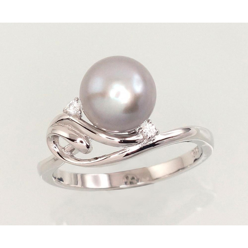 Silver ring 2101462(PRh-Gr)_CZ+PE-GR, Silver 925°, Rhodium (Plating), Zirkons , Fresh-water Pearl