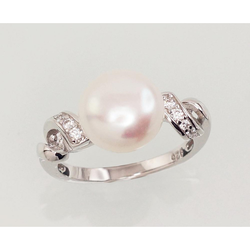 Silver ring 2101467(PRh-Gr)_CZ+PE, Silver 925°, Rhodium (Plating), Zirkons , Fresh-water Pearl